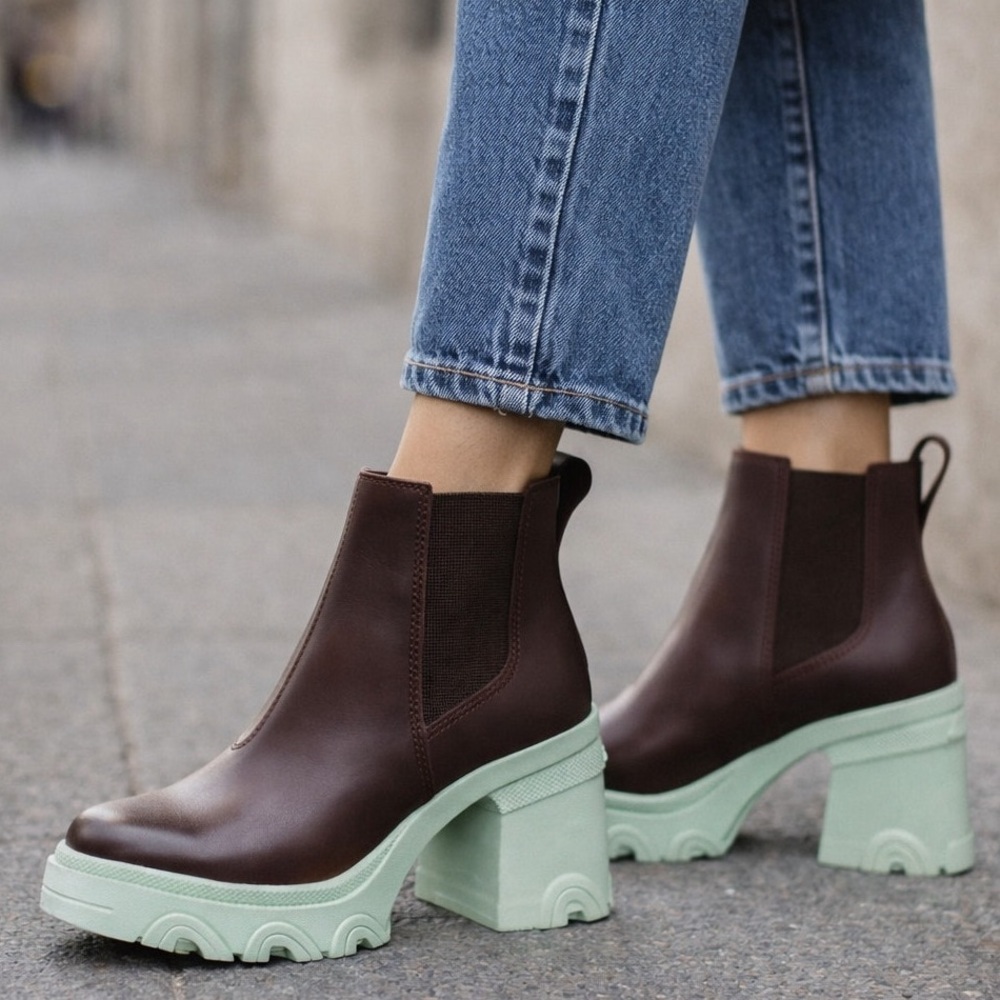 SOREL Burgundy Teal Leather Chelsea "Brex" Platform Booties, sz 9